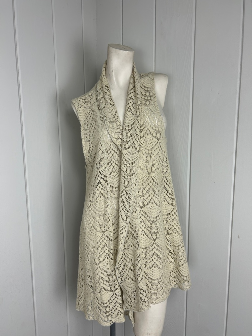 Katie Todd Boho Crochet Lace Open Front Vest Cardigan Large Ivory Festival